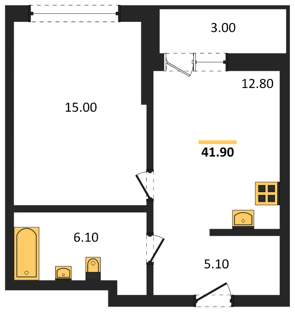 Планировка: 1-комн., 41,9 м²