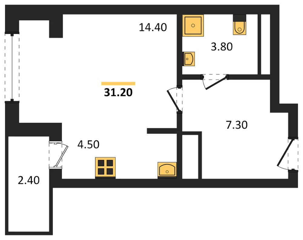 Планировка: Студия, 31,2 м²