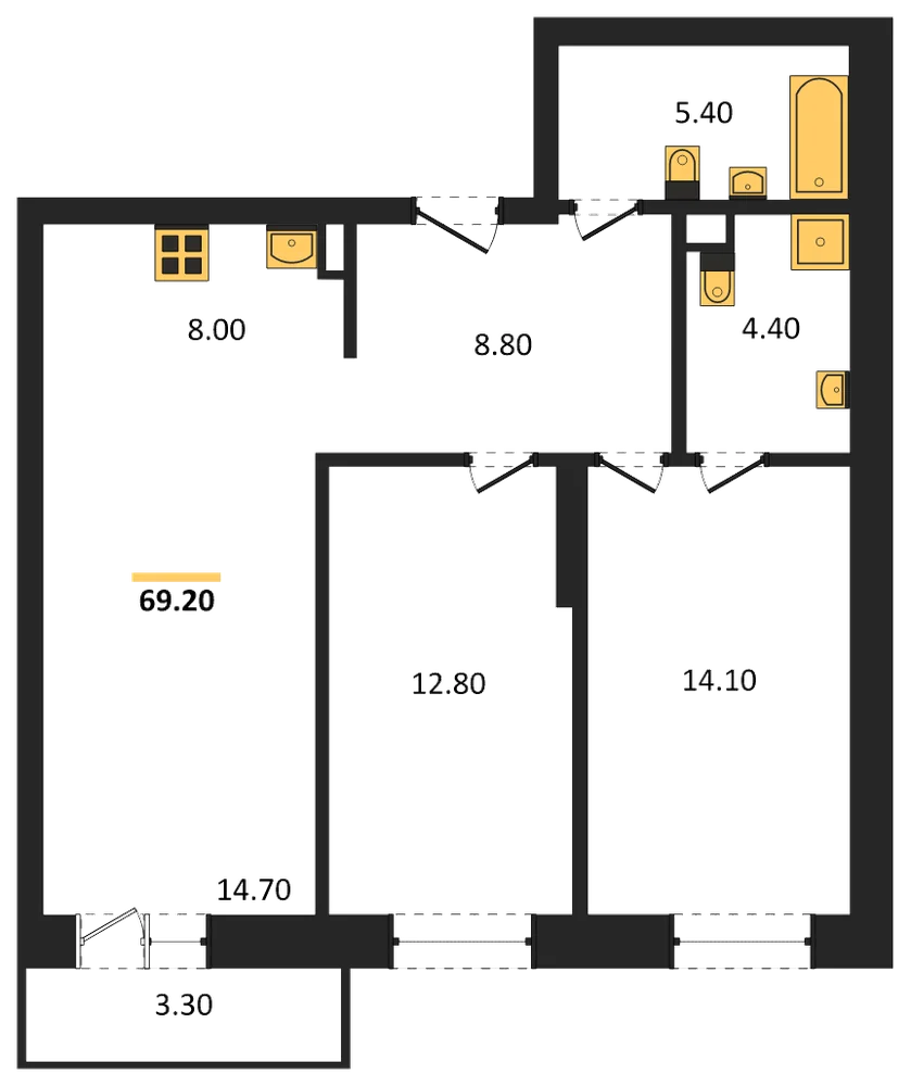 Планировка: 2-комн., 69,2 м²