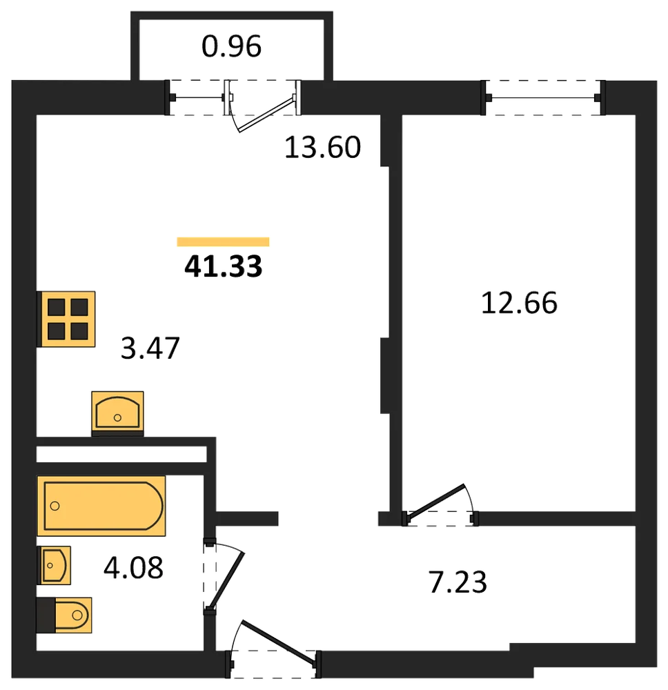 Планировка: 1-комн., 41,3 м²
