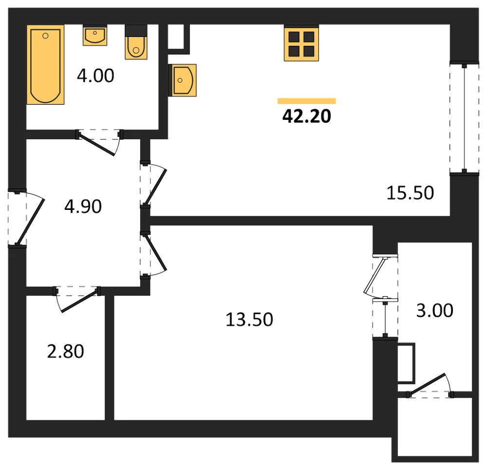 Планировка: 1-комн., 42,2 м²