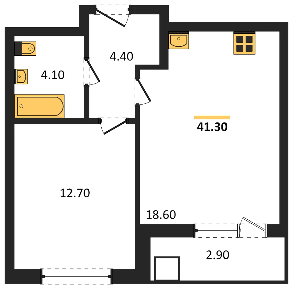 Планировка: 1-комн., 41,3 м²