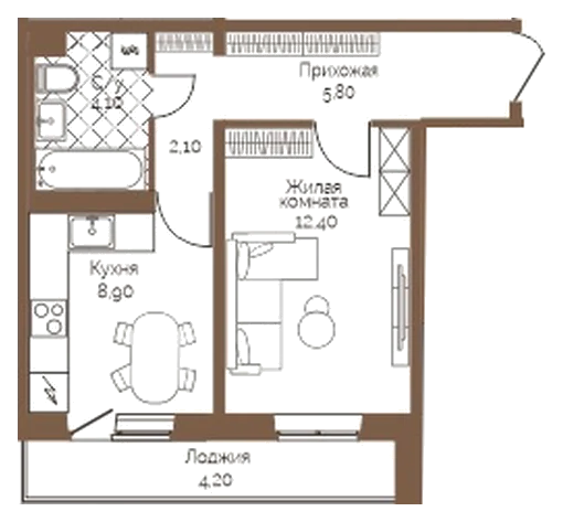 Планировка: 1-комн., 35,4 м²
