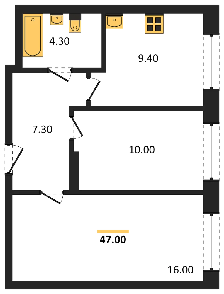 Планировка: 2-комн., 47 м²