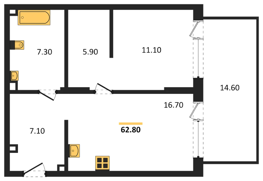 Планировка: 1-комн., 62,8 м²