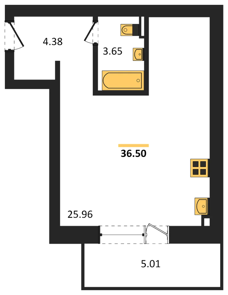 Планировка: Студия, 36,5 м²
