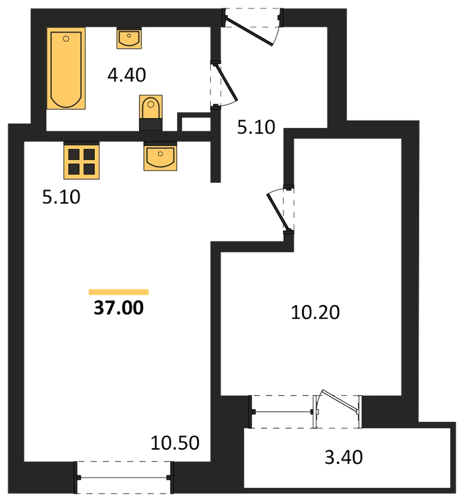 Планировка: 1-комн., 37 м²