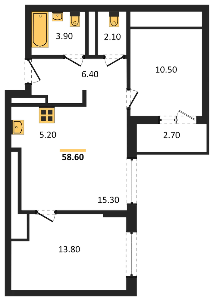 Планировка: 2-комн., 58,6 м²