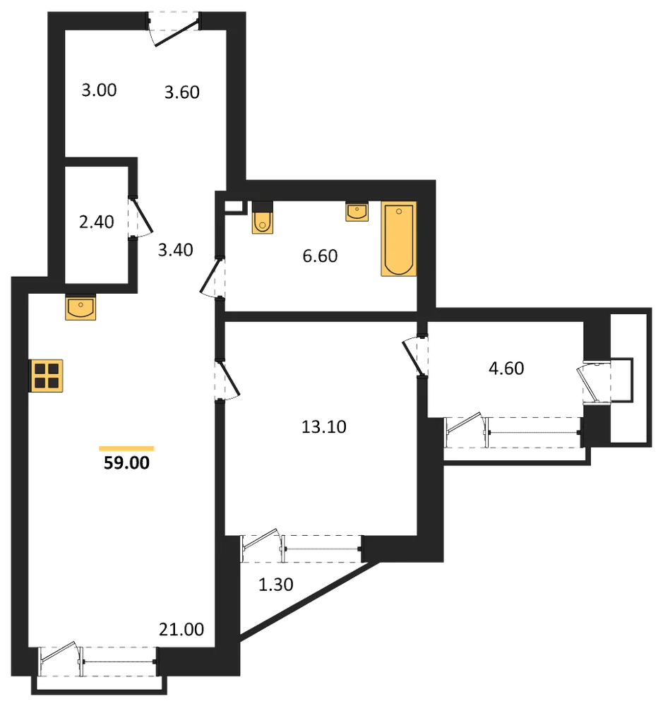 Планировка: 1-комн., 59 м²