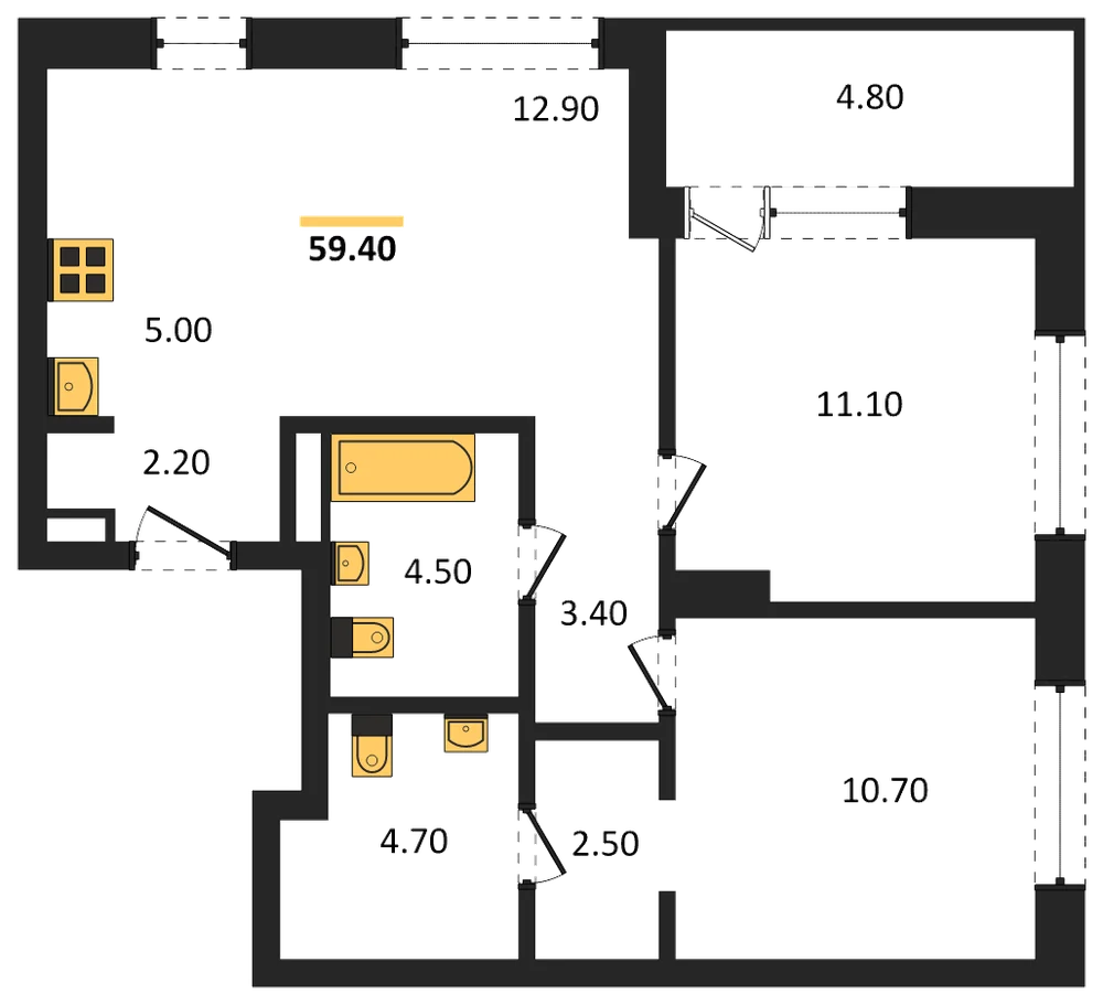 Планировка: 2-комн., 59,4 м²
