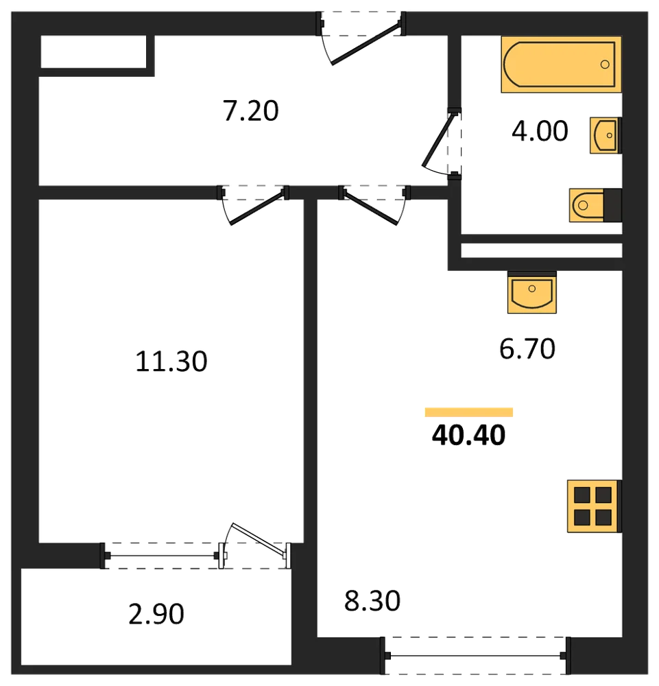 Планировка: 1-комн., 40,4 м²