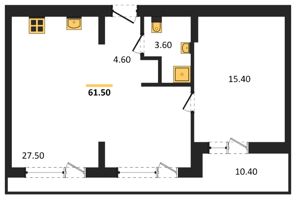 Планировка: 1-комн., 61,5 м²