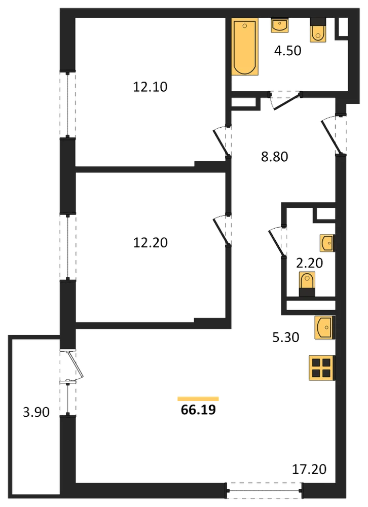 Планировка: 2-комн., 66,2 м²