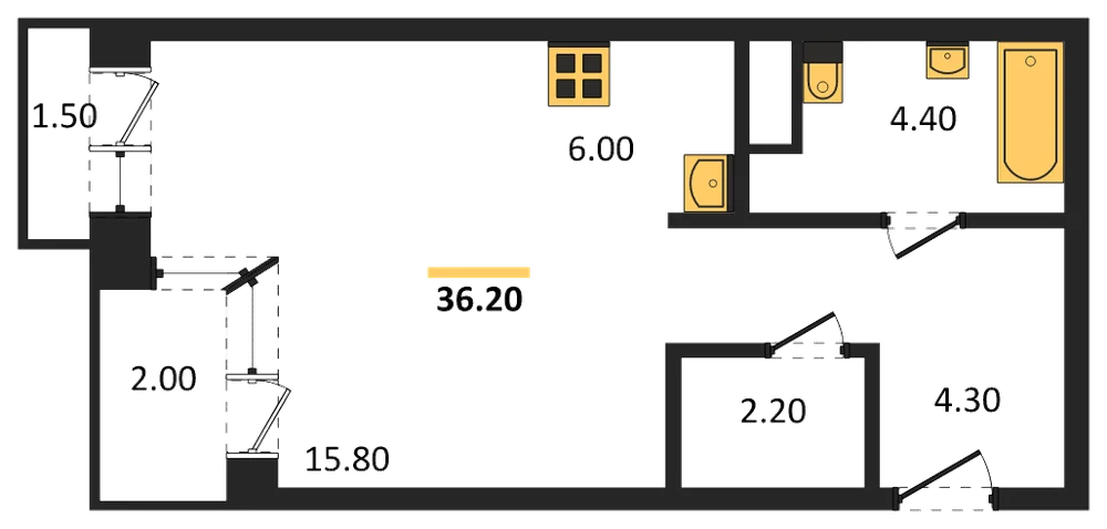 Планировка: Студия, 36,2 м²