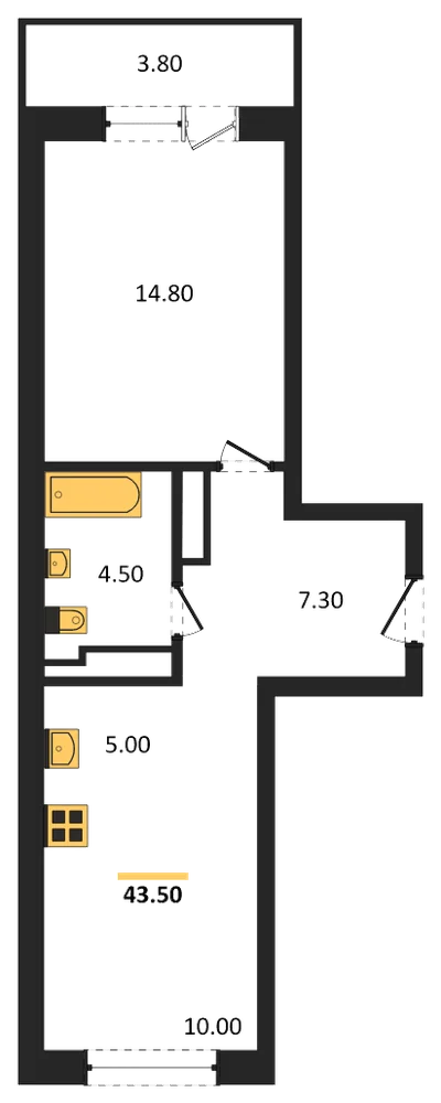 Планировка: 1-комн., 43,5 м²
