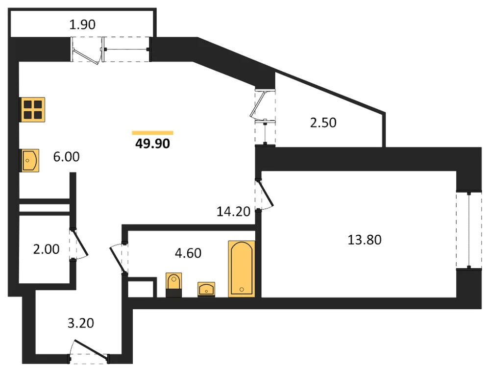 Планировка: 1-комн., 49,9 м²