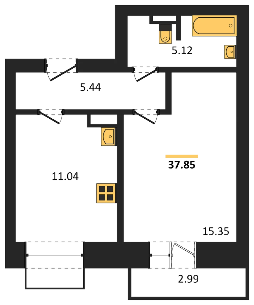 Планировка: 1-комн., 37,9 м²