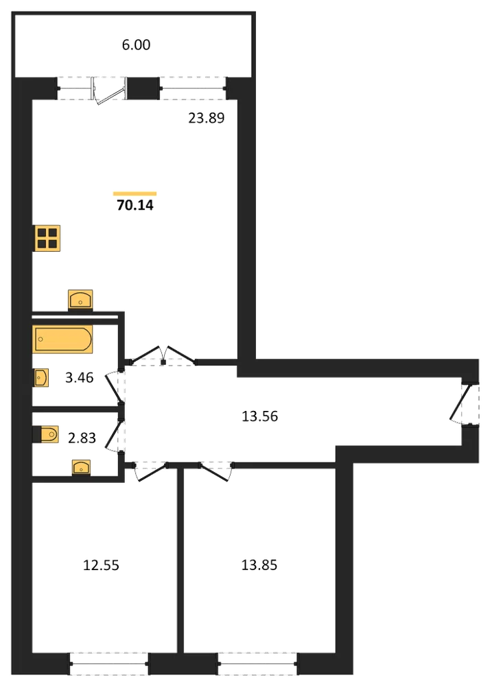 Планировка: 2-комн., 70,1 м²