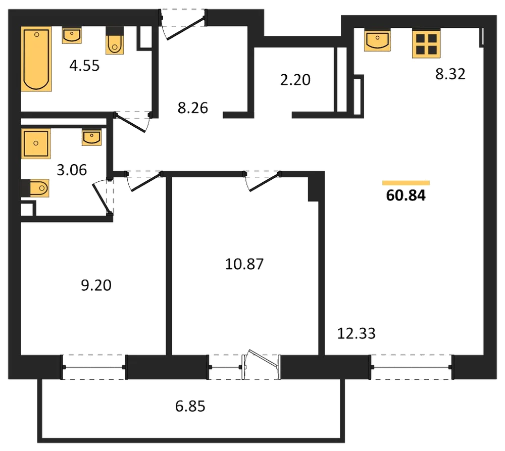 Планировка: 2-комн., 60,8 м²