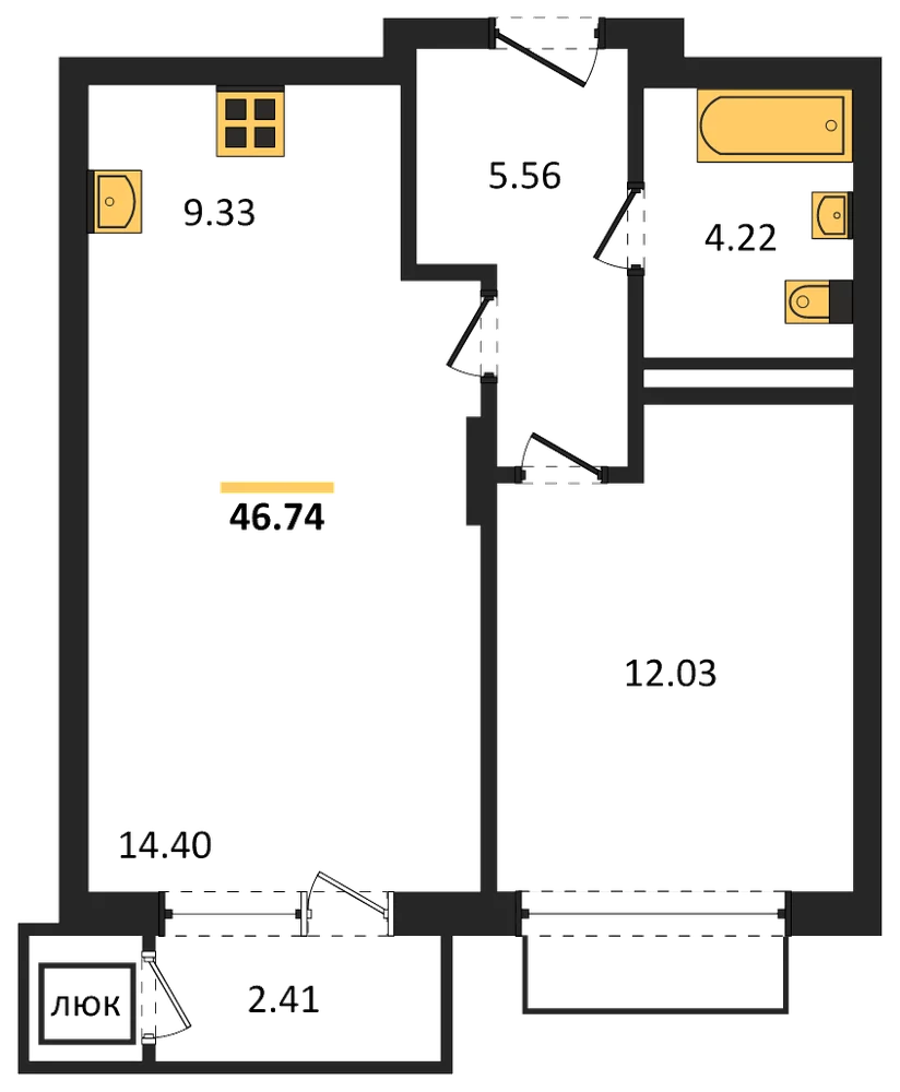 Планировка: 1-комн., 46,7 м²
