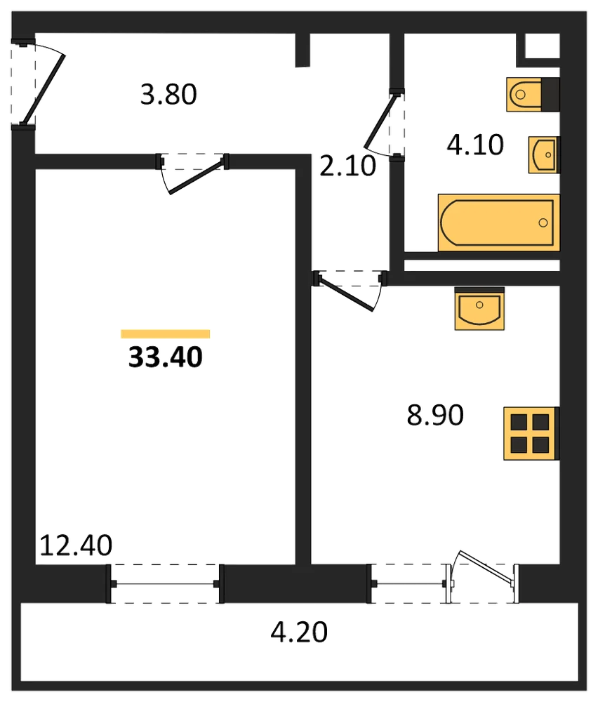 Планировка: 1-комн., 33,4 м²