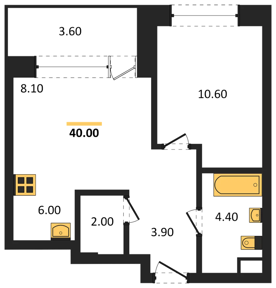 Планировка: 1-комн., 40 м²