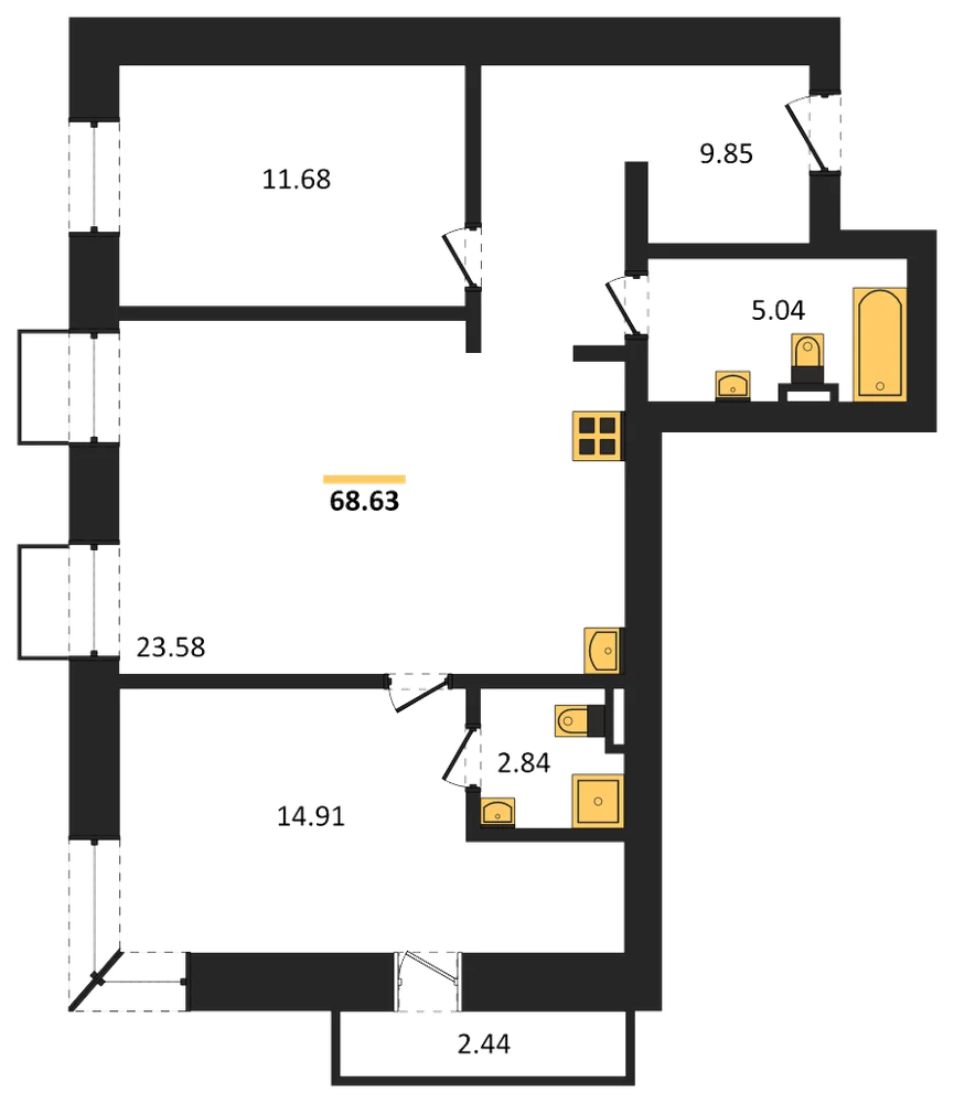 Планировка: 2-комн., 68,6 м²