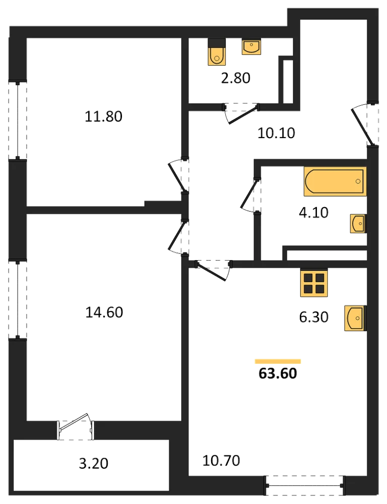 Планировка: 2-комн., 63,6 м²