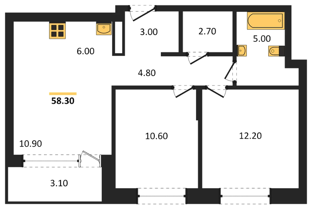 Планировка: 2-комн., 58,3 м²