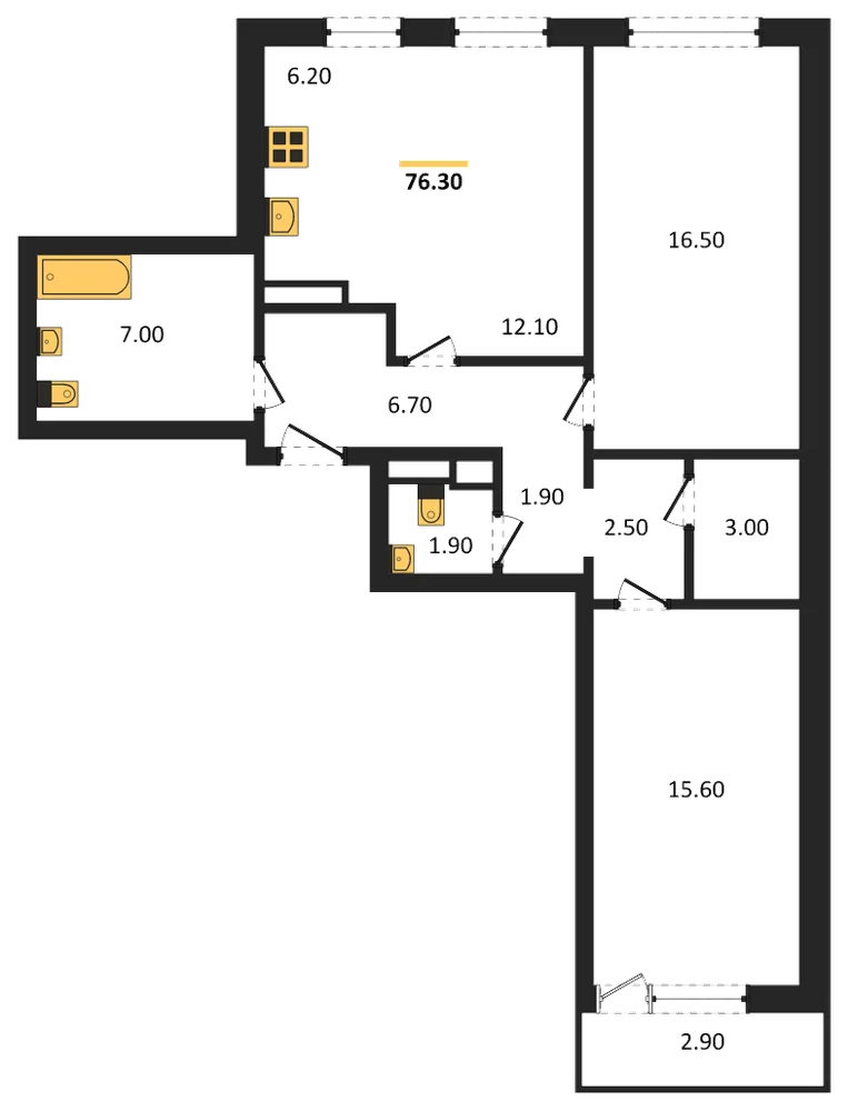 Планировка: 2-комн., 76,3 м²