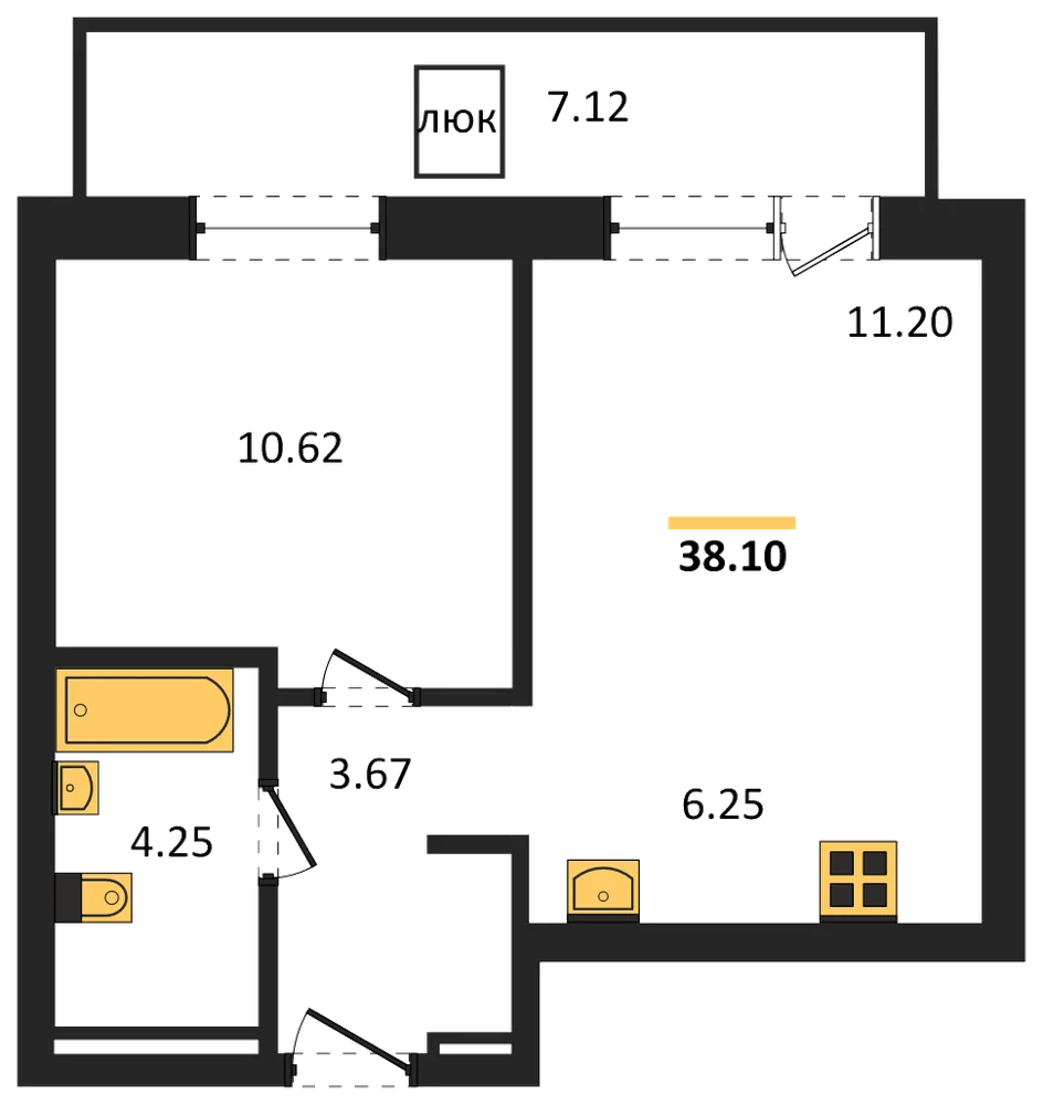 Планировка: 1-комн., 38,1 м²