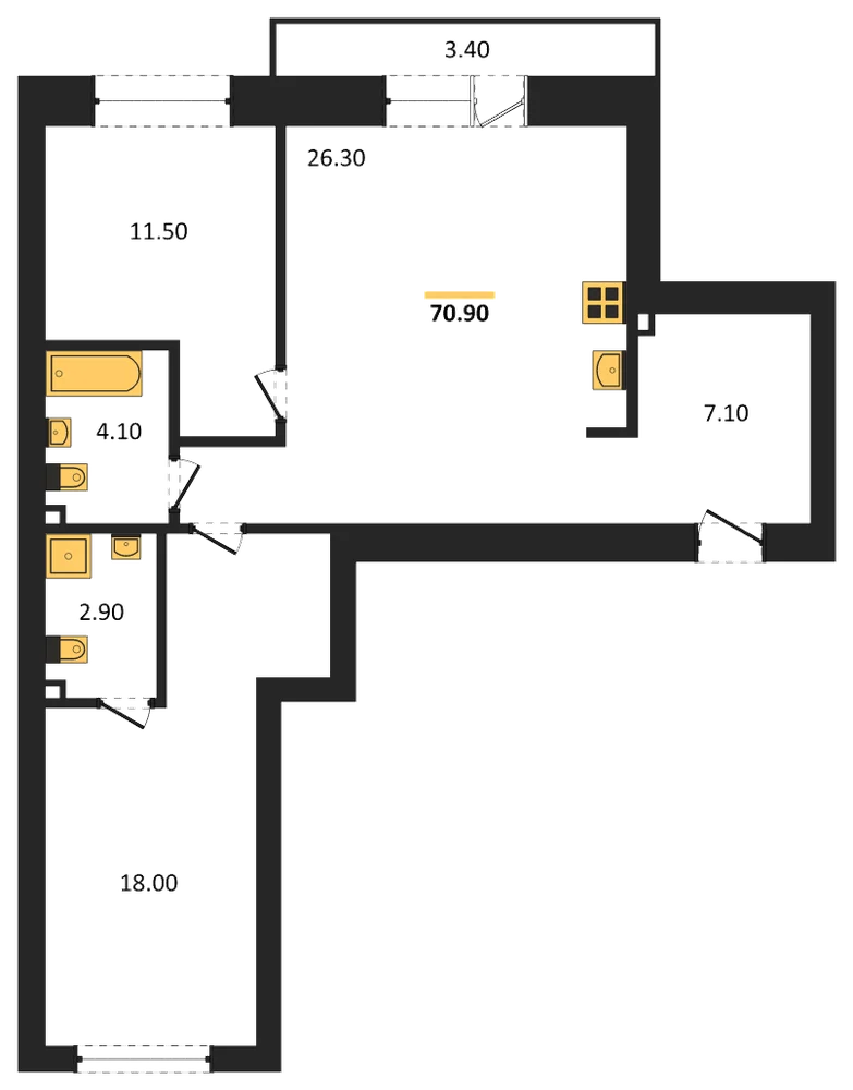 Планировка: 2-комн., 70,9 м²