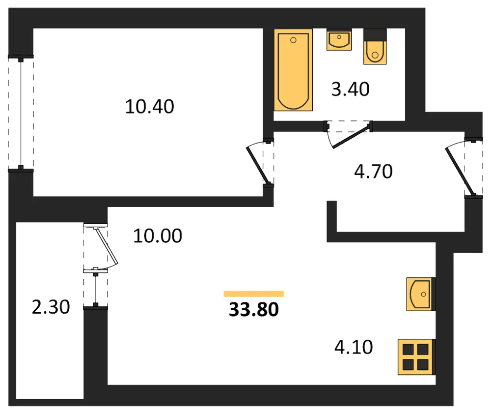 Планировка: 1-комн., 33,8 м²