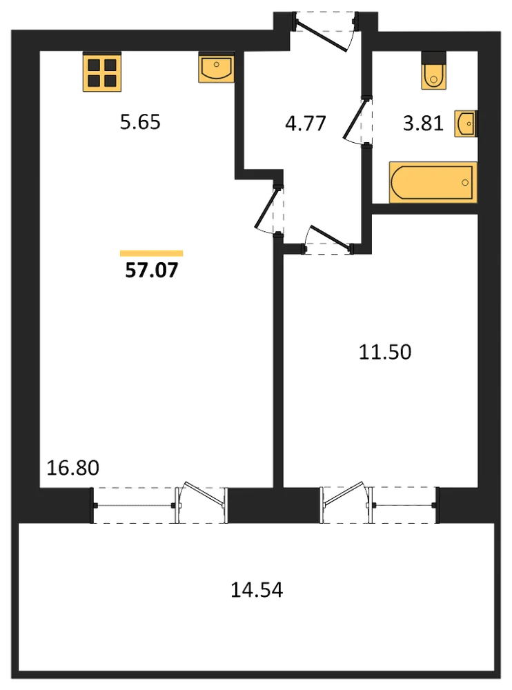 Планировка: 1-комн., 57,1 м²