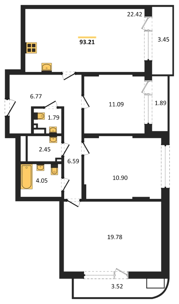Планировка: 3-комн., 93,2 м²