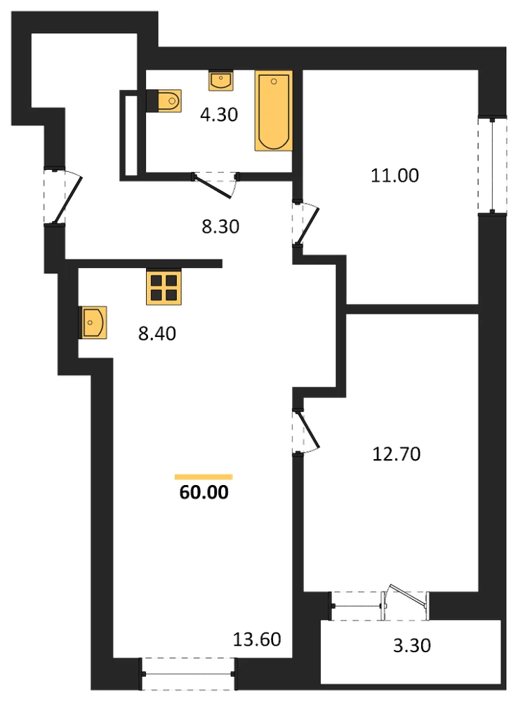 Планировка: 2-комн., 60 м²