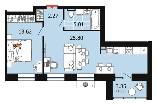 Планировка: 1-комн., 48,6 м²
