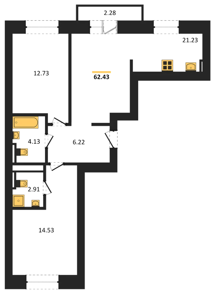 Планировка: 2-комн., 62,4 м²