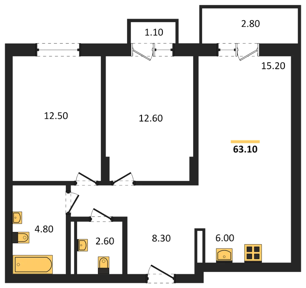 Планировка: 2-комн., 63,1 м²