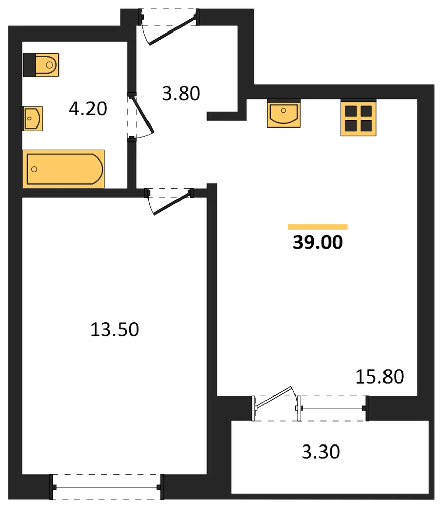 Планировка: 1-комн., 38,9 м²