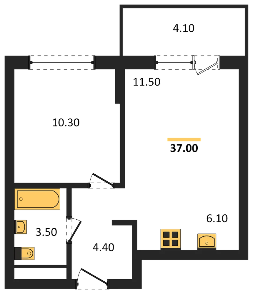 Планировка: 1-комн., 37 м²