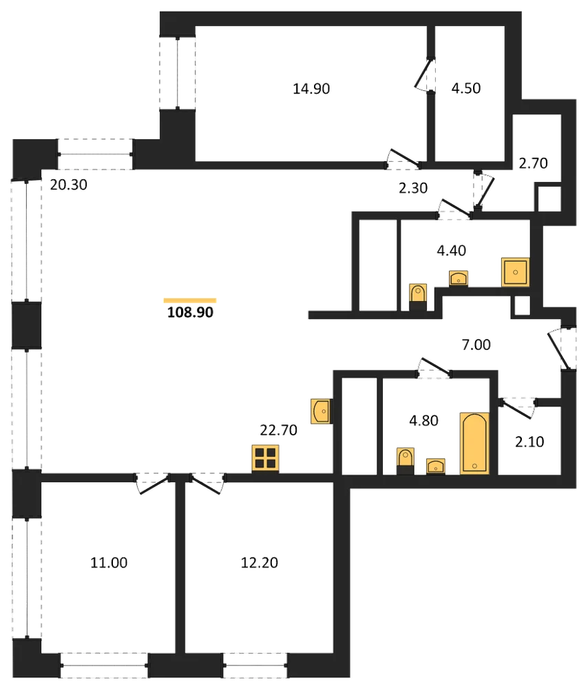 Планировка: 3-комн., 108,9 м²