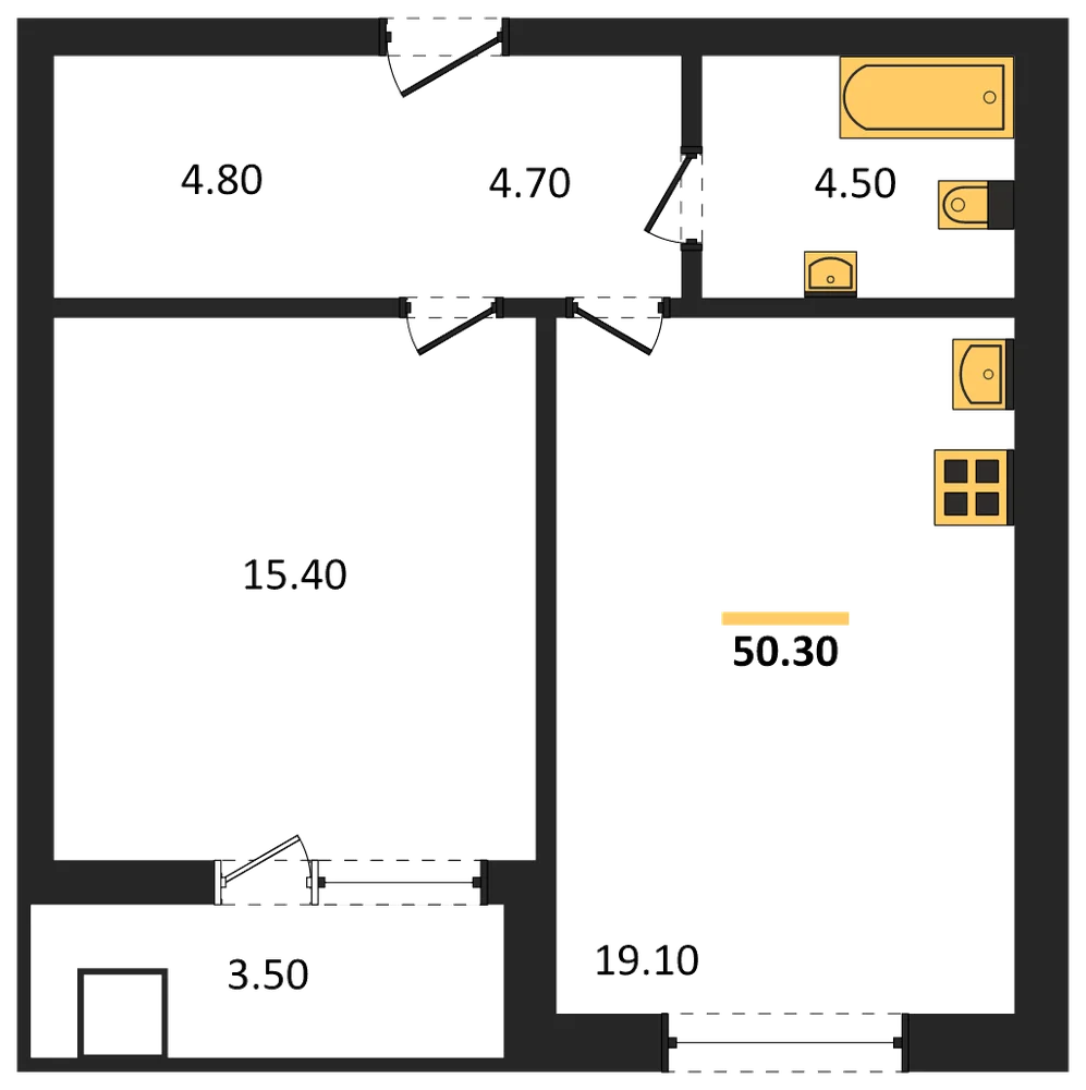 Планировка: 1-комн., 50,3 м²
