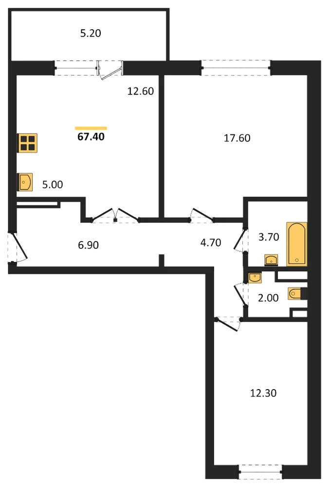 Планировка: 2-комн., 67,4 м²