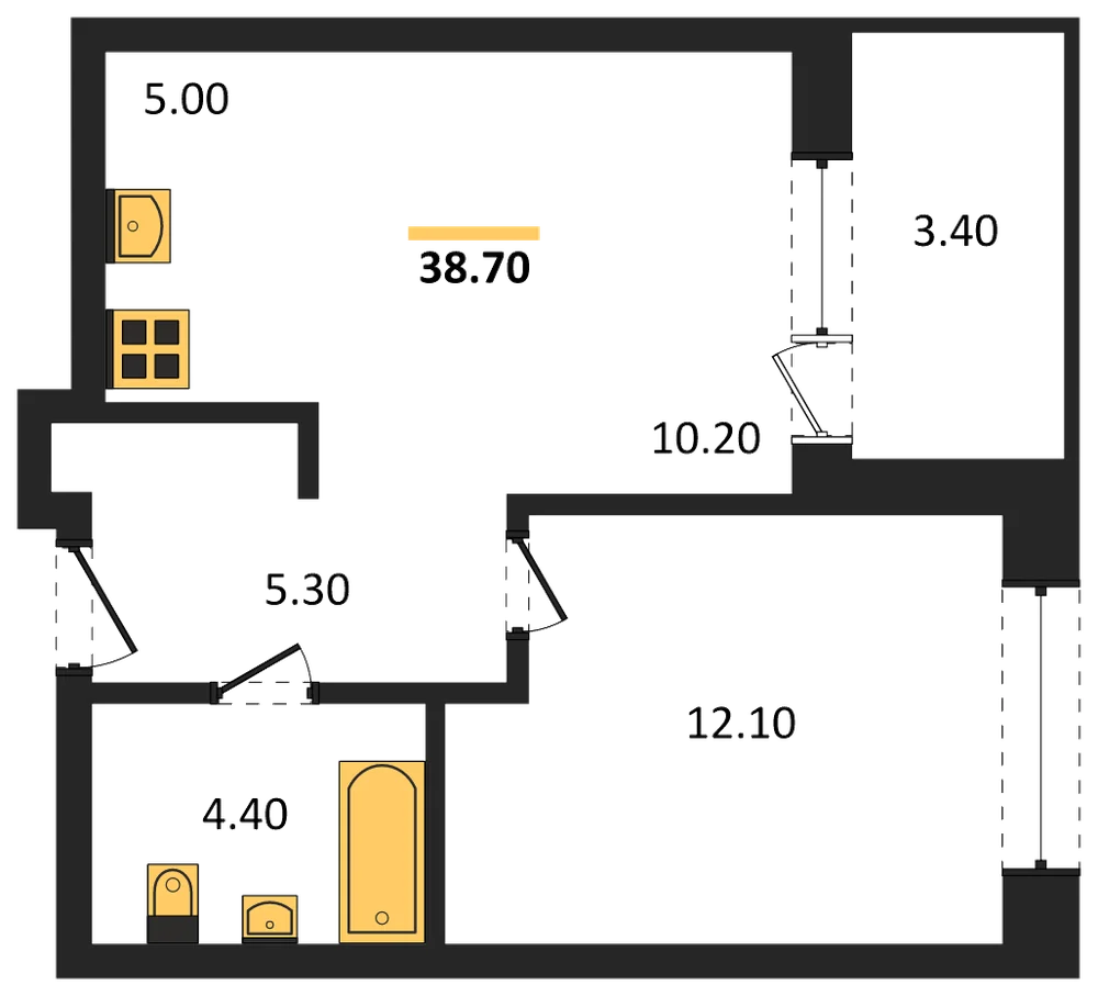 Планировка: 1-комн., 38,7 м²