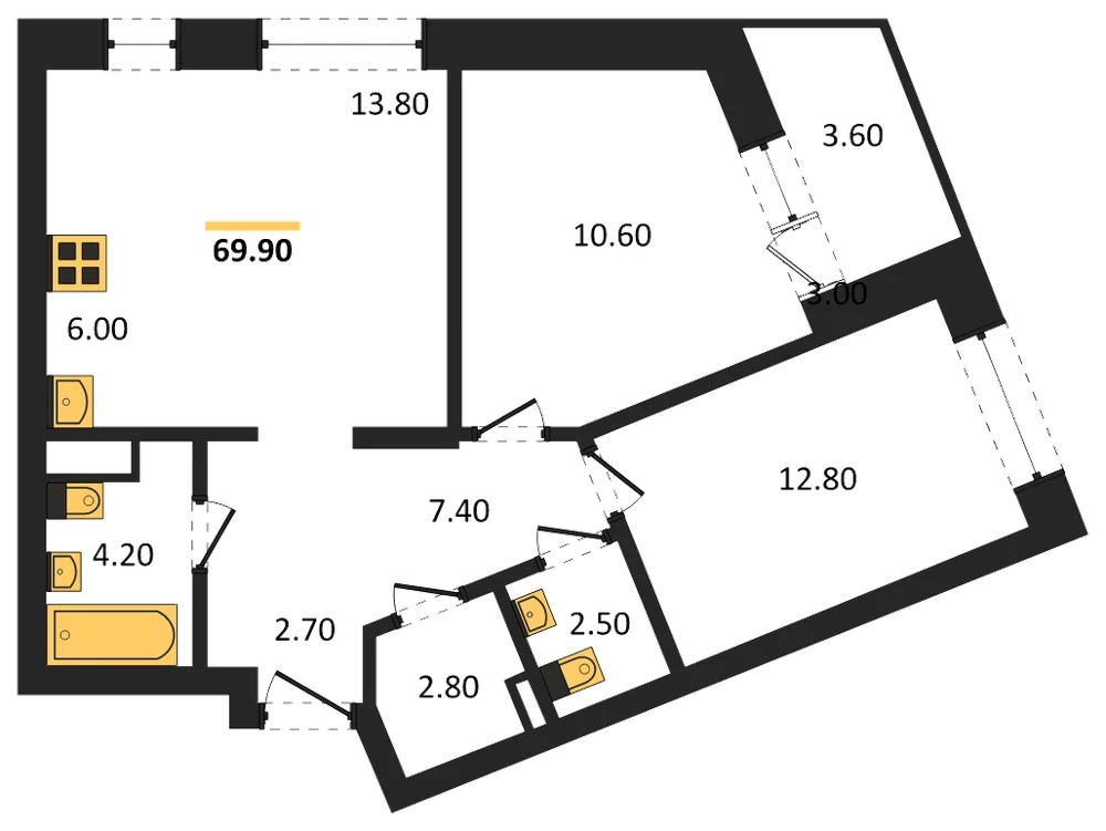 Планировка: 2-комн., 69,9 м²
