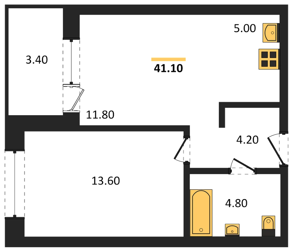 Планировка: 2-комн., 41,1 м²