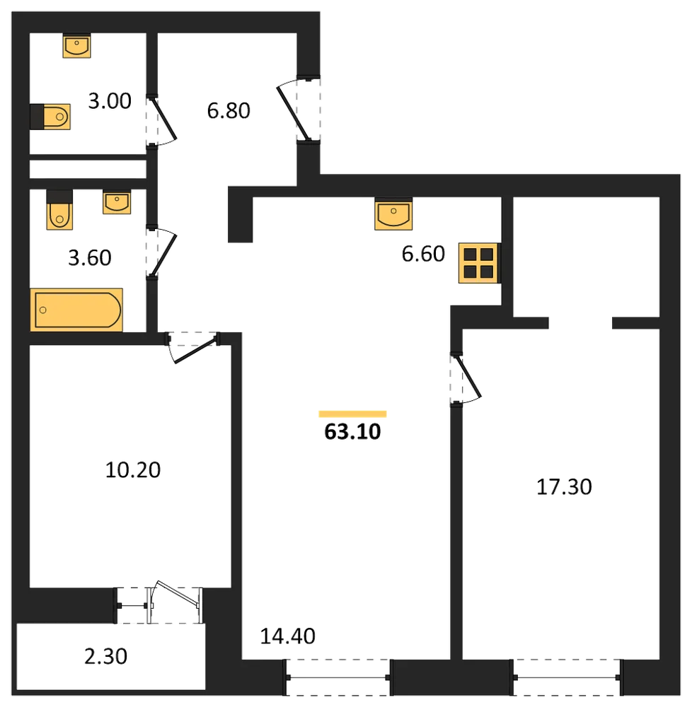 Планировка: 2-комн., 63,1 м²