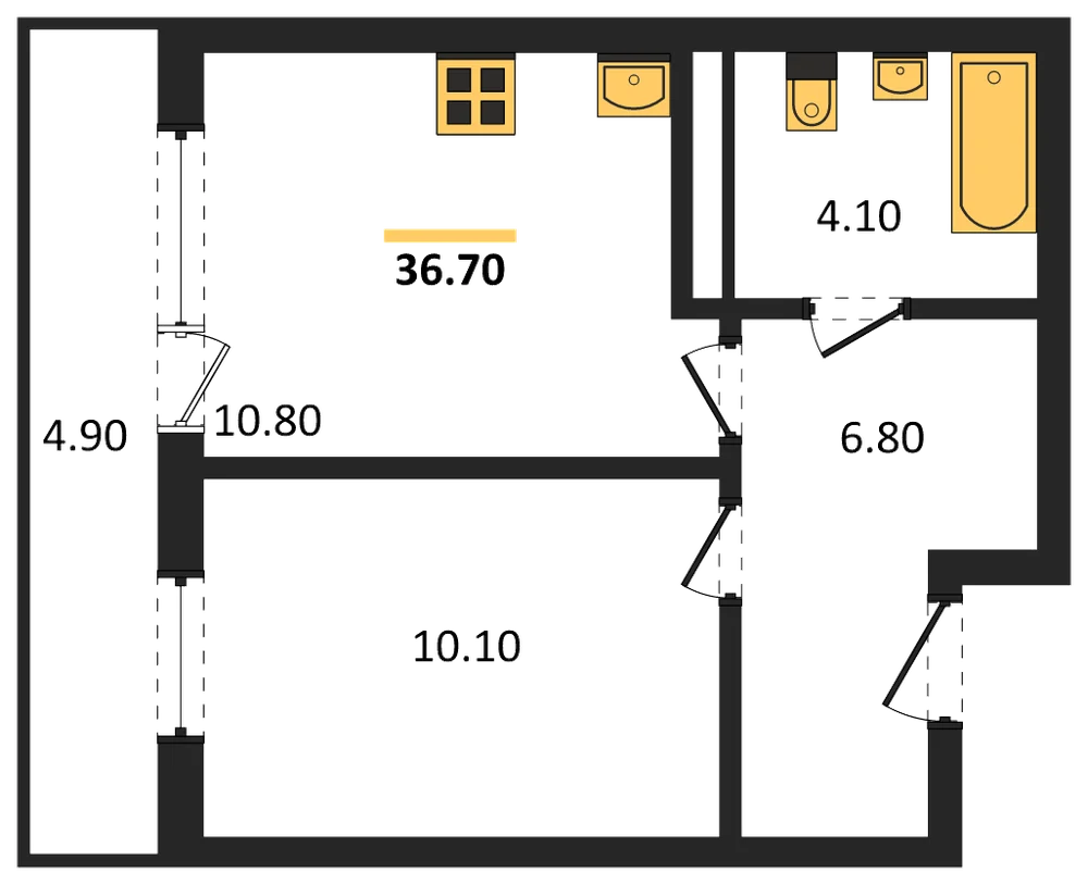 Планировка: 1-комн., 36,7 м²