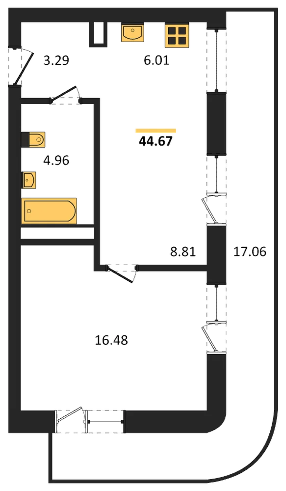 Планировка: 1-комн., 44,7 м²